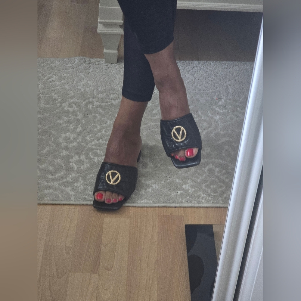 Valentino Black Slide Sandals with Gold Accent